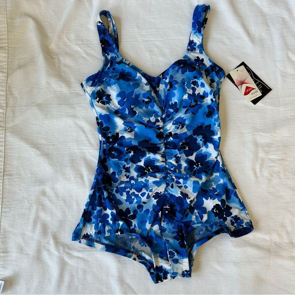 Maxine of Hollywood Blue Floral Ruched One-Piece Swimsuit